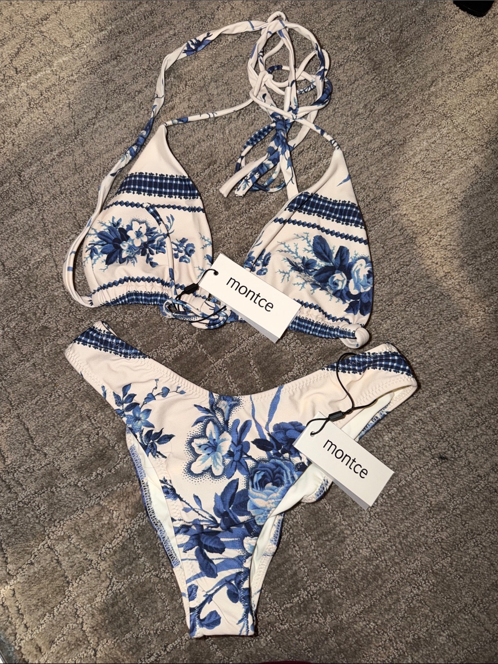 Montce White and Blue Floral Triangle Bikini Set